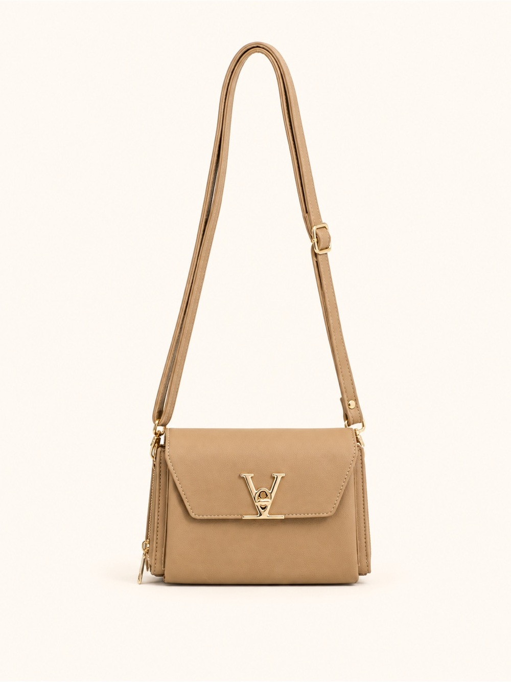 Designer-Inspired Tan Crossbody Bag with Gold Emblem